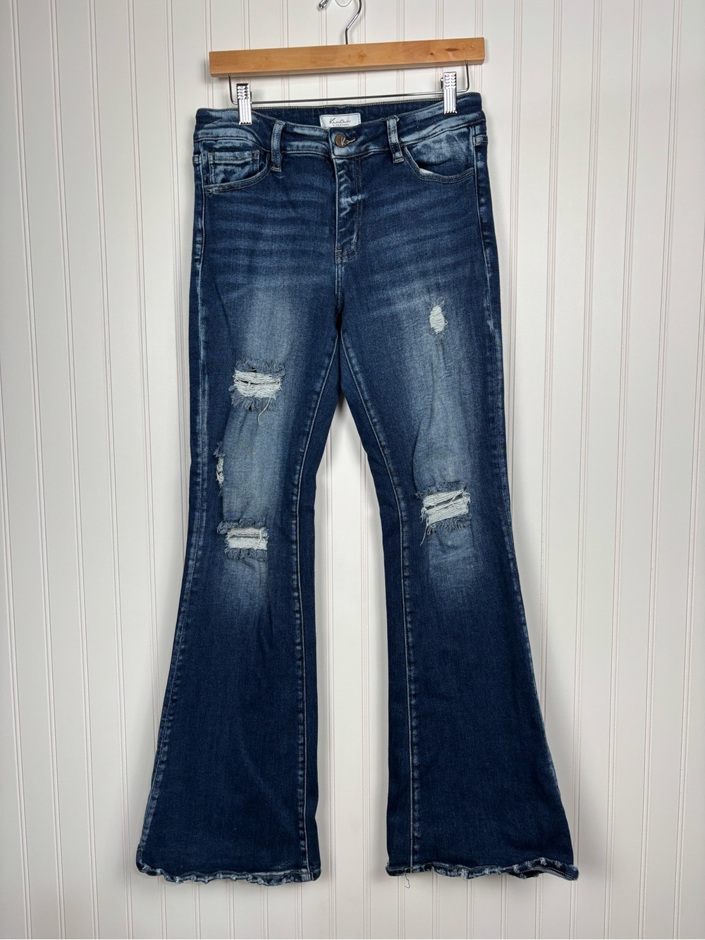 KanCan Signature Mid Rise Distressed Flare Denim Blue Jeans Medium Dark Wash
